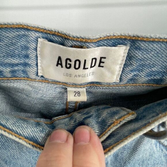 Agolde Blue Distressed Button Fly Cotton Riley High Rise Straight Jeans Size 28 - Picture 5 of 9